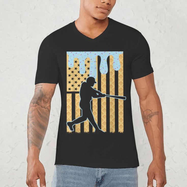 Baseball Drip Boys Dripping Ice Cream Baseball American Flag Men's V-Neck T-Shirt