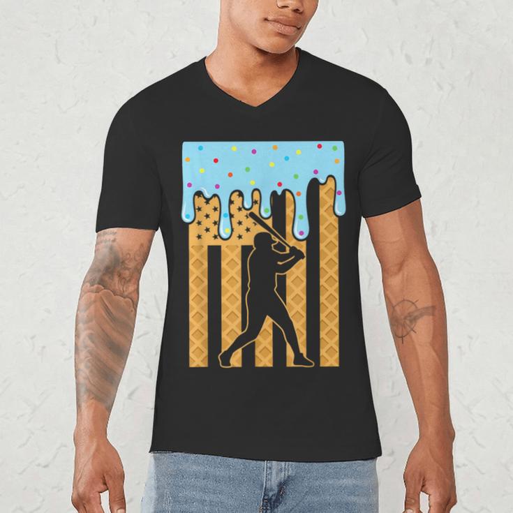 Baseball Drip Dripping Ice Cream Sport Player American Flag Men's V-Neck T-Shirt Baseball Drip Dripping Ice Cream Sport Player American Flag Men's V-Neck T-Shirt