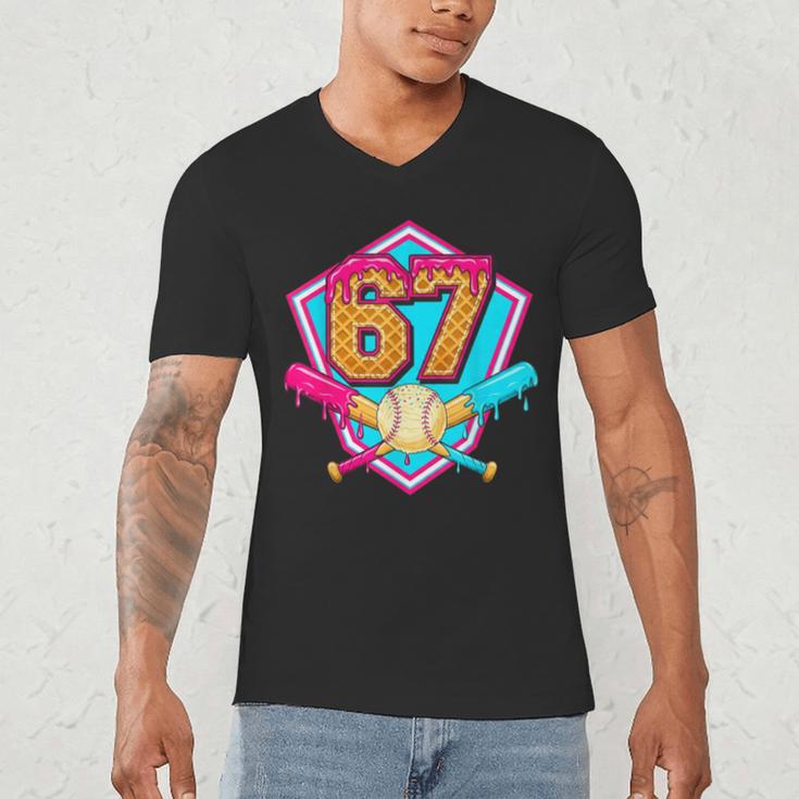 Baseball Drip Jersey Number 67 For Players & 67th Birthday Men's V-Neck T-Shirt