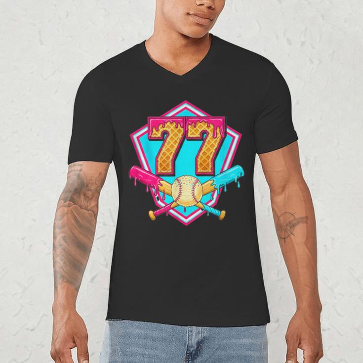 Baseball Drip Jersey Number 77 For Players & 77th Birthday Men's V-Neck T-Shirt Baseball Drip Jersey Number 77 For Players & 77th Birthday Men's V-Neck T-Shirt