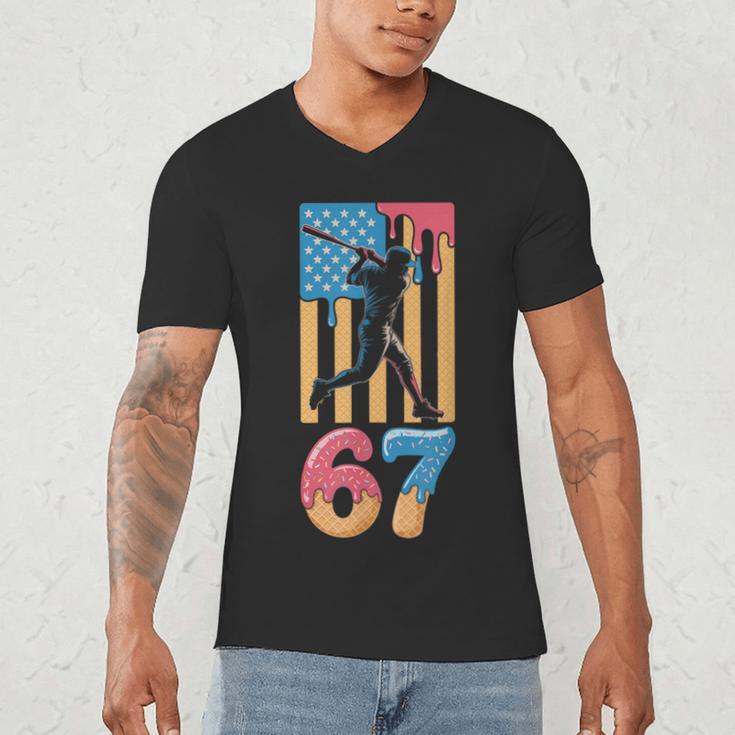 Baseball Drip USA Flag 67 Player 67th Birthday Ice Cream 67 Men's V-Neck T-Shirt Baseball Drip USA Flag 67 Player 67th Birthday Ice Cream 67 Men's V-Neck T-Shirt