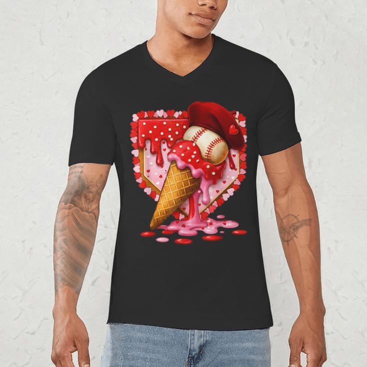 Baseball Heart Valentine Baseball Ice Cream Drip Boys Girls Men's V-Neck T-Shirt
