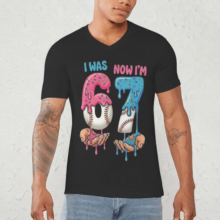 Baseball Ice Cream I Was 6 Now I'm 7 67 Birthday Boy Men's V-Neck T-Shirt
