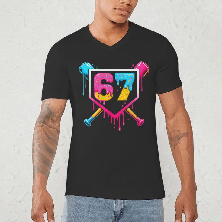 Baseball Ice Cream Drip 67 Meme Six Seven 67th Birthday Men's V-Neck T-Shirt
