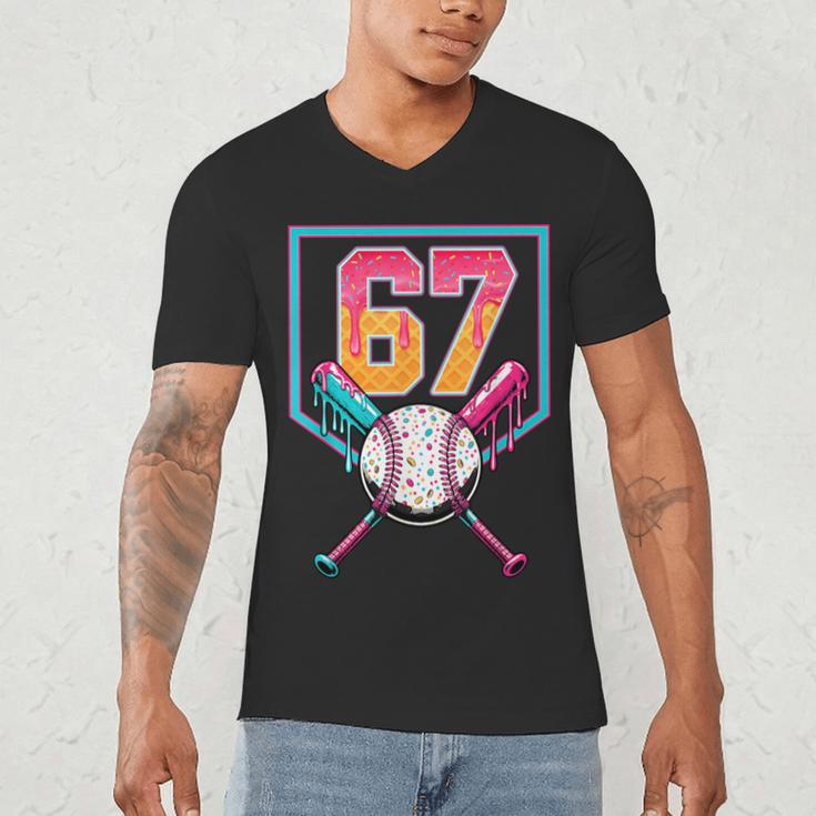 Baseball Ice Cream Drip Number 67 Player 67th Birthday Men Men's V-Neck T-Shirt Baseball Ice Cream Drip Number 67 Player 67th Birthday Men Men's V-Neck T-Shirt