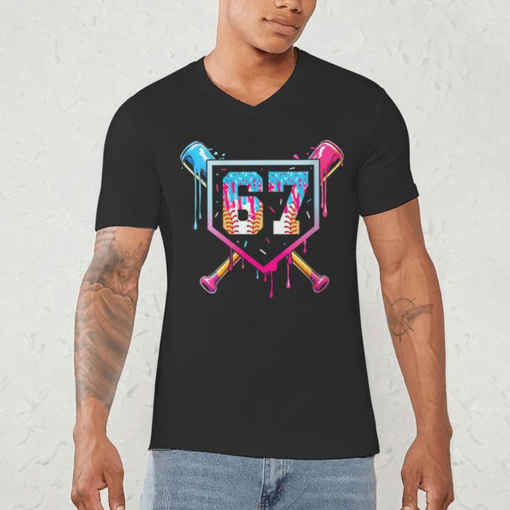 Baseball Ice Cream Drip Number 67 Player 67th Birthday Men's V-Neck T-Shirt
