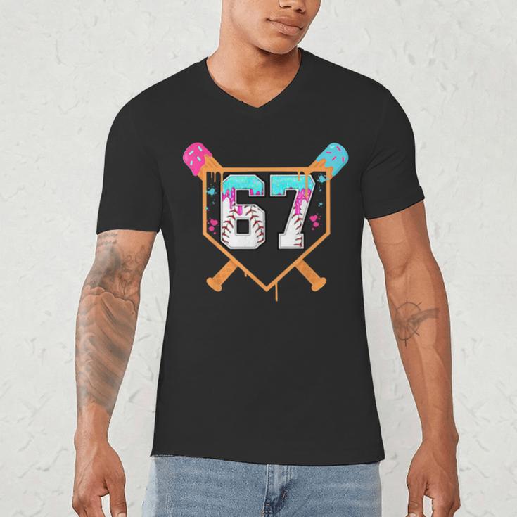 Baseball Ice Cream Drip Number 67 Player Six Seven Meme 6 7 Men's V-Neck T-Shirt Baseball Ice Cream Drip Number 67 Player Six Seven Meme 6 7 Men's V-Neck T-Shirt