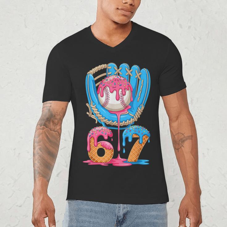 Baseball Ice Cream Drip Six Seven Gen Alpha Slang Meme 67 Men's V-Neck T-Shirt