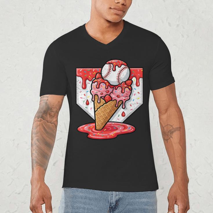 Baseball Ice Cream Drip Baseball Strawberry For Youth Red Men's V-Neck T-Shirt