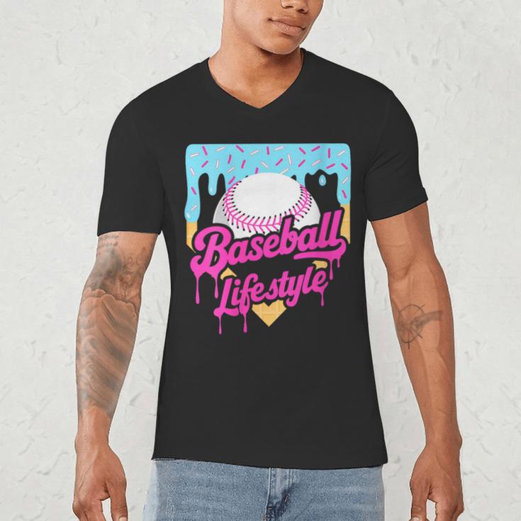 Baseball Life Lifestyle Home Plate Ice Cream Drip Men Boys Men's V-Neck T-Shirt Baseball Life Lifestyle Home Plate Ice Cream Drip Men Boys Men's V-Neck T-Shirt