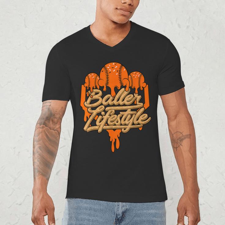 Baseball Lifestyle Home Plate Orange Ice Cream Drip Men Boys Men's V-Neck T-Shirt Baseball Lifestyle Home Plate Orange Ice Cream Drip Men Boys Men's V-Neck T-Shirt