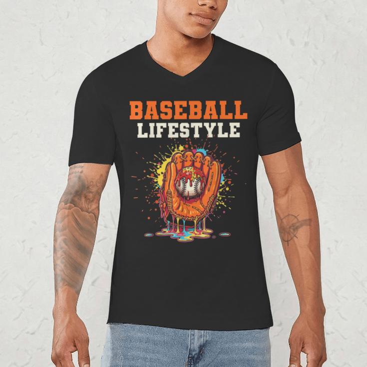 Baseball Lifestyle Ice Cream Drip Baseball Glove Crossed Bat Men's V-Neck T-Shirt Baseball Lifestyle Ice Cream Drip Baseball Glove Crossed Bat Men's V-Neck T-Shirt