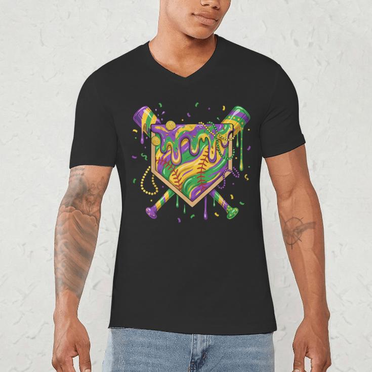Baseball Mardi Gras Home Plate Ice Cream Drip Carnival Mask Men's V-Neck T-Shirt