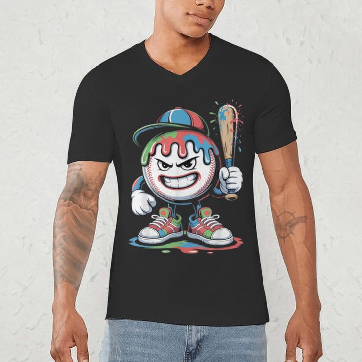 Baseball Mascot Attitude Graffiti Splash Bat Cap Men's V-Neck T-Shirt