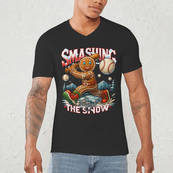 Baseball Player Christmas Gingerbread Smashing Through Snow Men's V-Neck T-Shirt Baseball Player Christmas Gingerbread Smashing Through Snow Men's V-Neck T-Shirt