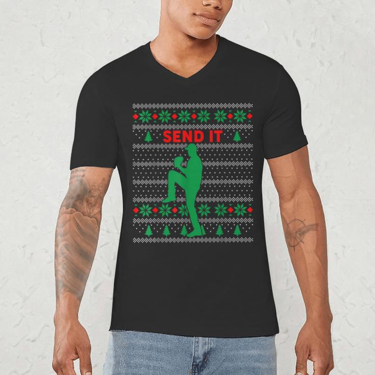 Baseball Player Christmas Pajama Send It Xmas PJs Boys Men's V-Neck T-Shirt