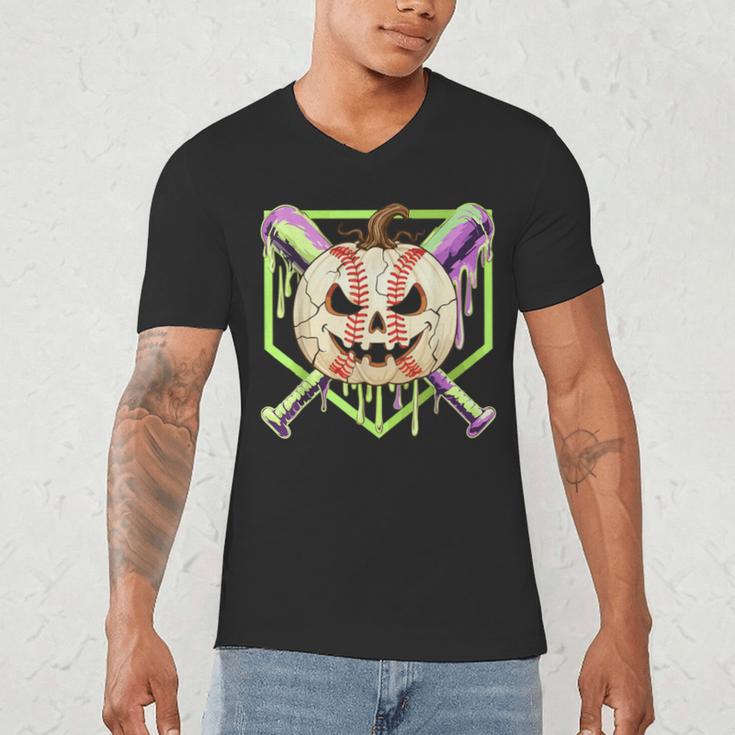 Baseball Pumpkin Halloween Baseball Drip Spooky Halloween Men's V-Neck T-Shirt