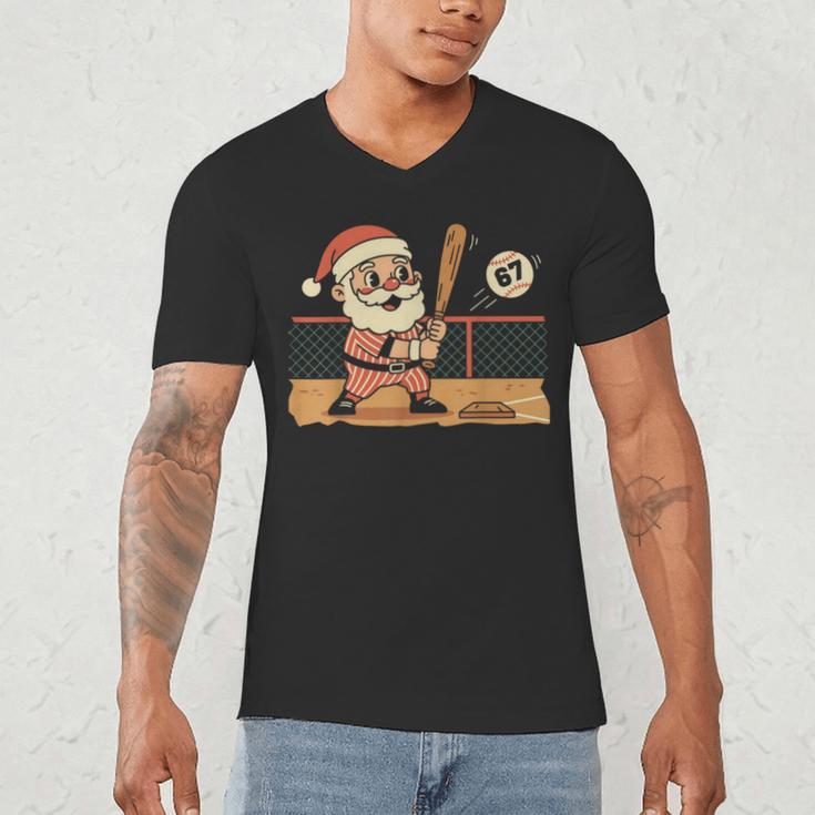 Baseball Santa 67 Christmas Xmas Boys Retro Men's V-Neck T-Shirt