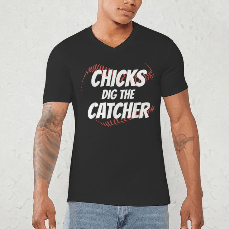 Baseball Seams Chicks Dig The Catcher Men's V-Neck T-Shirt Baseball Seams Chicks Dig The Catcher Men's V-Neck T-Shirt