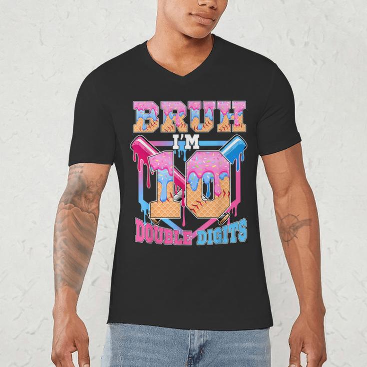 Boys 10 Double Digits 10th Birthday Ice Cream Baseball Drip Men's V-Neck T-Shirt