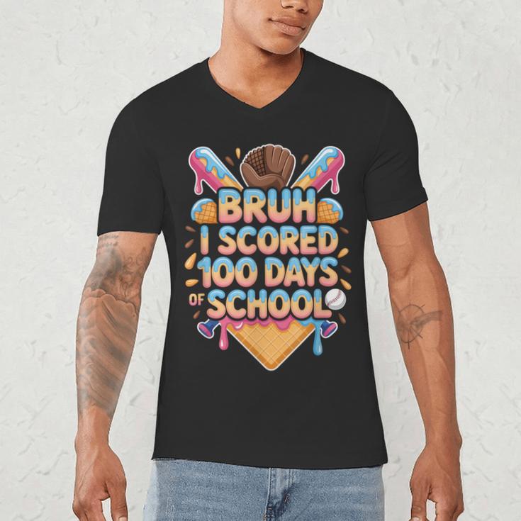 Bruh I Scored 100 Days Of School Baseball Ice Cream Drip Tee Men's V-Neck T-Shirt