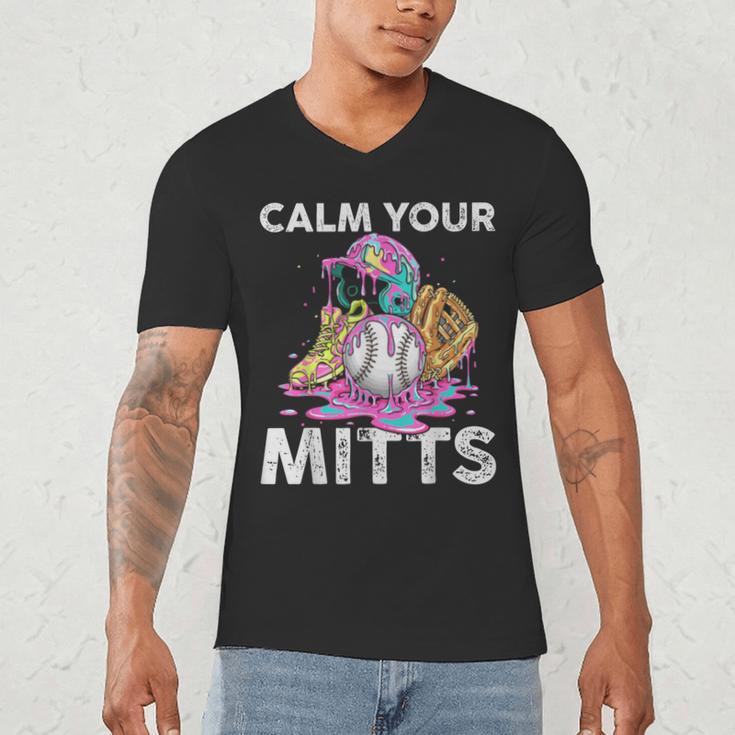 Calm Your Mitts Baseball Ice Cream Drip Crossed Bats Sport Men's V-Neck T-Shirt Calm Your Mitts Baseball Ice Cream Drip Crossed Bats Sport Men's V-Neck T-Shirt