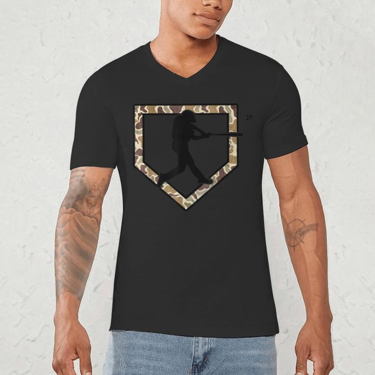 Camo Home Plate Camouflage Baseball Batter Youth Boys Men's V-Neck T-Shirt Camo Home Plate Camouflage Baseball Batter Youth Boys Men's V-Neck T-Shirt