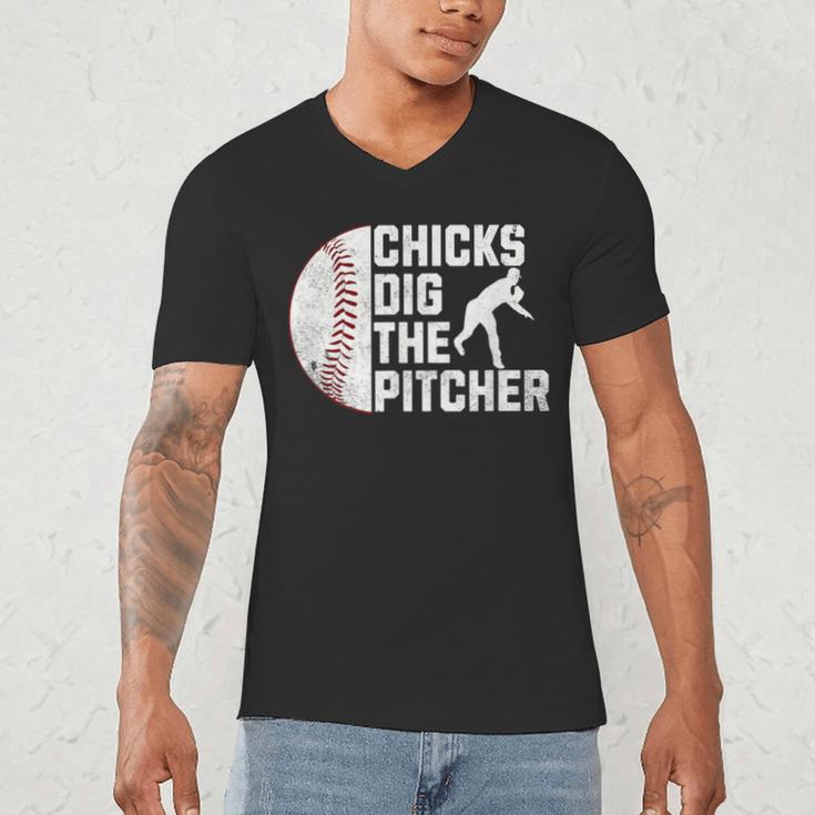 Chicks Dig The Pitcher Baseball Men's V-Neck T-Shirt Chicks Dig The Pitcher Baseball Men's V-Neck T-Shirt