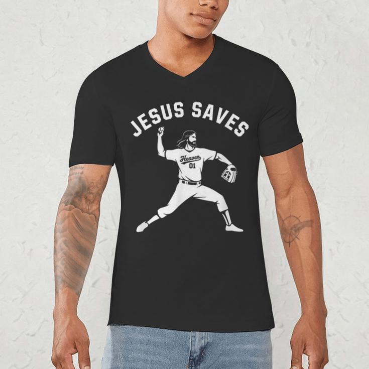 Christian Jesus Saves Baseball Pitcher Heaven 01 Sports Men's V-Neck T-Shirt