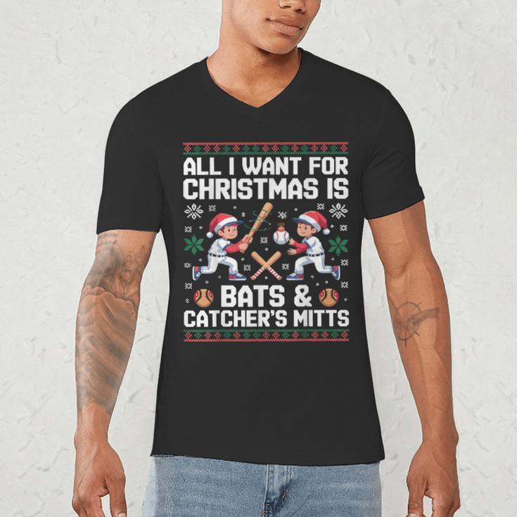 Christmas Baseball Bats Catcher Mitts Holiday Tee Men's V-Neck T-Shirt