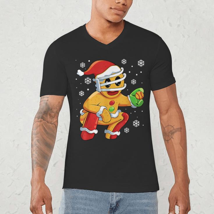 Christmas Gingerbread Man Baseball Player Catcher Men's V-Neck T-Shirt Christmas Gingerbread Man Baseball Player Catcher Men's V-Neck T-Shirt