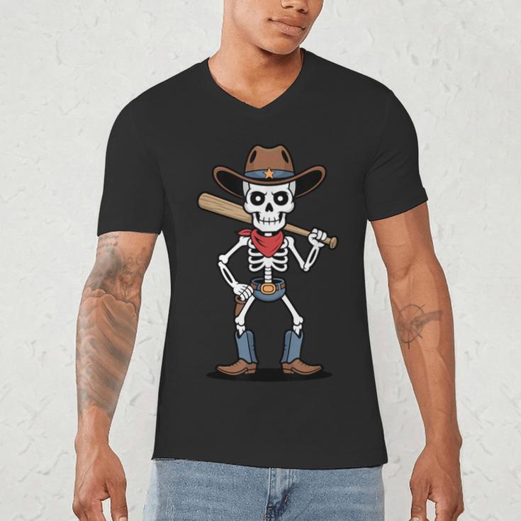 Cowboy Skeleton Baseball Halloween Graphic Men's V-Neck T-Shirt