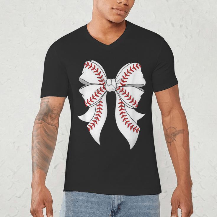 Cute Baseball Coquette Bow For Women Girls Baseball Mama Mom Men's V-Neck T-Shirt