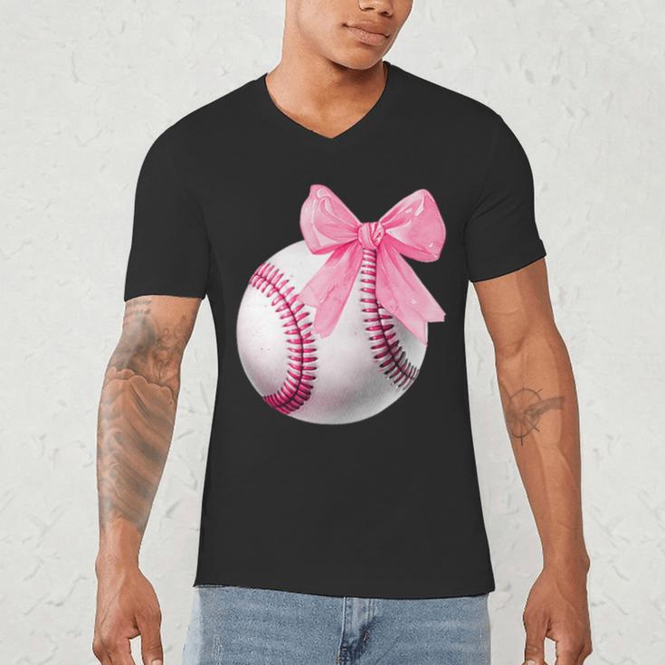 Cute Coquette Baseball Pink Bow Player & Fan Girls Men's V-Neck T-Shirt Cute Coquette Baseball Pink Bow Player & Fan Girls Men's V-Neck T-Shirt