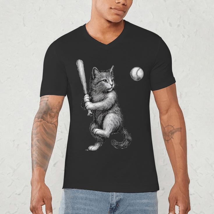 Cute Kitten Playing Baseball Hitter Bat Cool Baseball Cat Men's V-Neck T-Shirt Cute Kitten Playing Baseball Hitter Bat Cool Baseball Cat Men's V-Neck T-Shirt