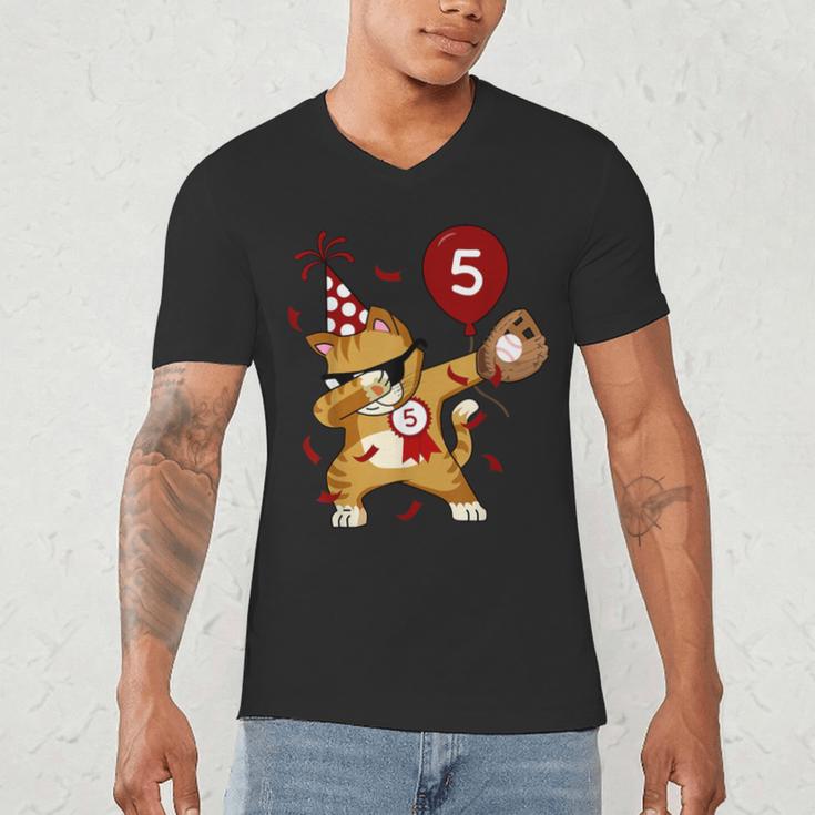 Dabbing Cool Cat Baseball 5th Birthday Men's V-Neck T-Shirt Dabbing Cool Cat Baseball 5th Birthday Men's V-Neck T-Shirt