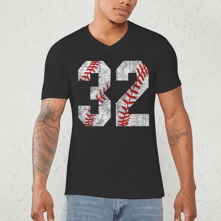 Distressed Baseball Number 32 Jersey Uniform Player Fan Men's V-Neck T-Shirt Distressed Baseball Number 32 Jersey Uniform Player Fan Men's V-Neck T-Shirt