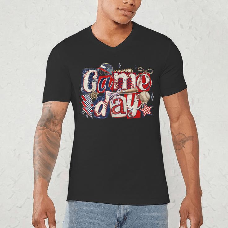 Game Day Baseball Leopard Coquette Bow Mama Mom Sister Men's V-Neck T-Shirt