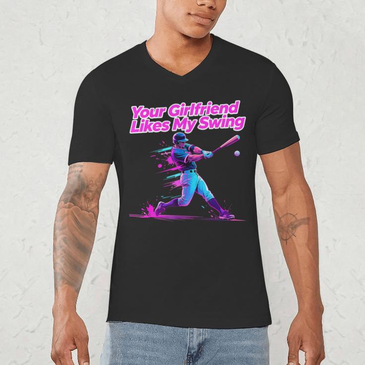 Your Girlfriend Likes My Swing Baseball Quote Boys Men Men's V-Neck T-Shirt Your Girlfriend Likes My Swing Baseball Quote Boys Men Men's V-Neck T-Shirt