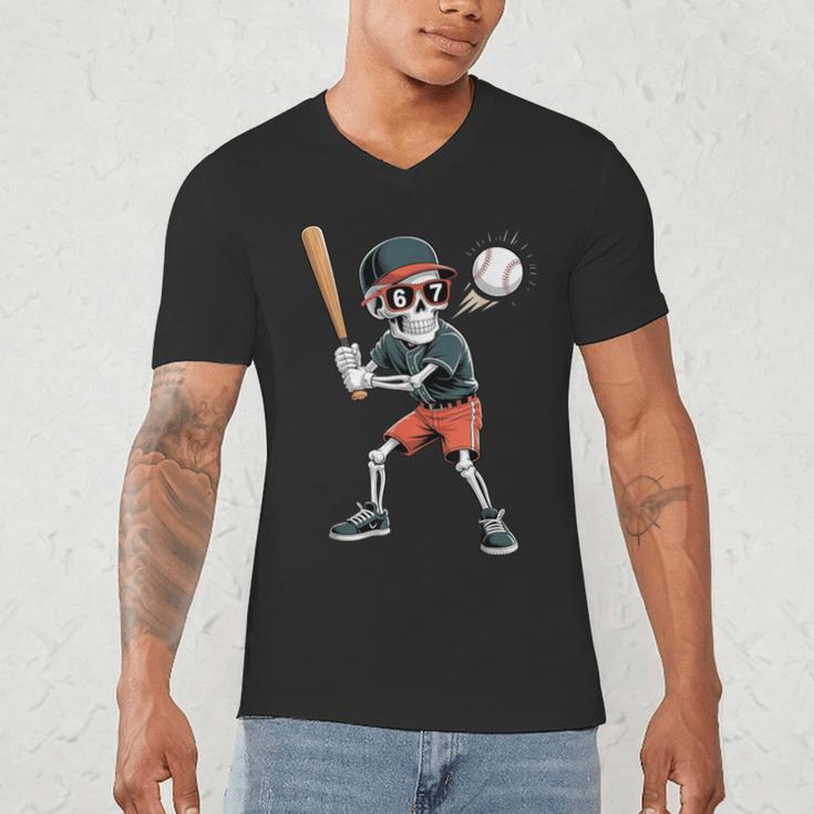 Halloween Skeleton Playing Baseball 67 Six Seven Meme Men's V-Neck T-Shirt Halloween Skeleton Playing Baseball 67 Six Seven Meme Men's V-Neck T-Shirt
