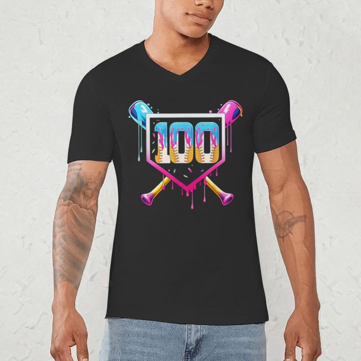 Happy 100 Days Of School Baseball Drip 100th Day Of School Men's V-Neck T-Shirt Happy 100 Days Of School Baseball Drip 100th Day Of School Men's V-Neck T-Shirt