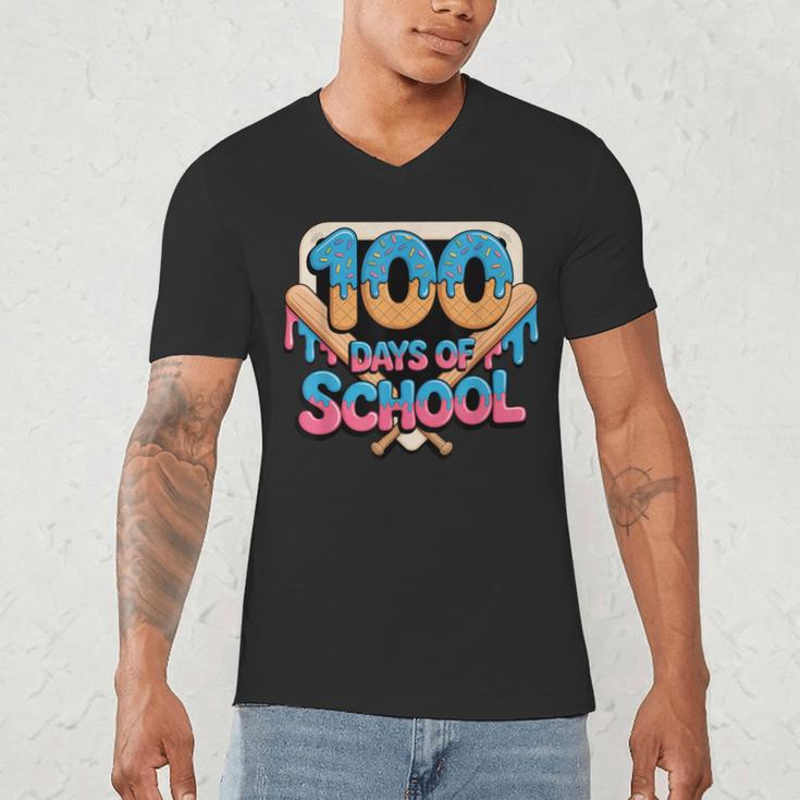 Happy 100 Days Of School Baseball Drip For Kids Teachers Men's V-Neck T-Shirt Happy 100 Days Of School Baseball Drip For Kids Teachers Men's V-Neck T-Shirt