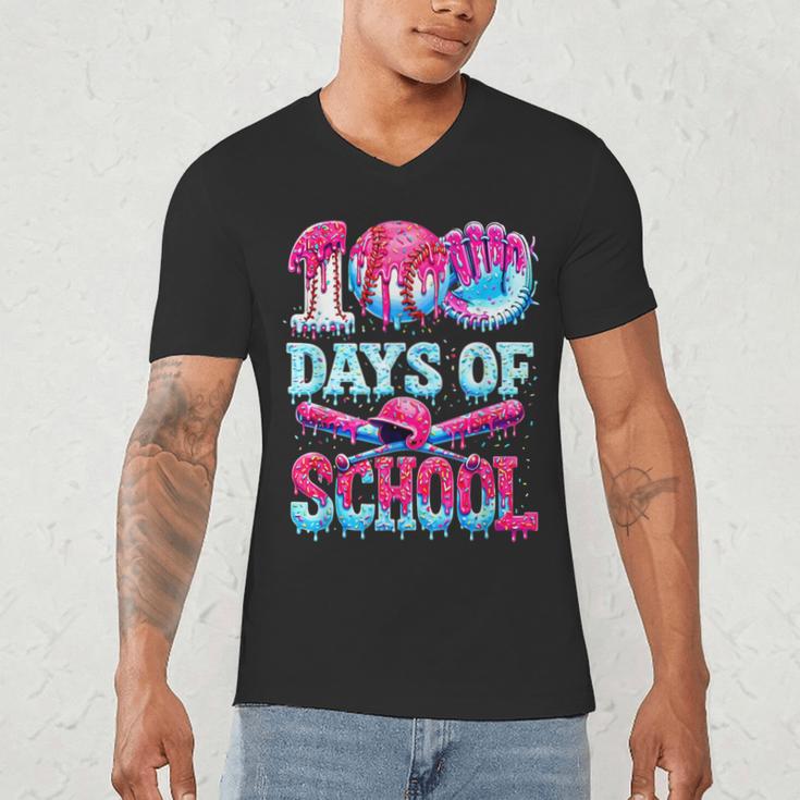 Happy 100 Days Of School Game Day Baseball Ice Cream Drip Men's V-Neck T-Shirt Happy 100 Days Of School Game Day Baseball Ice Cream Drip Men's V-Neck T-Shirt