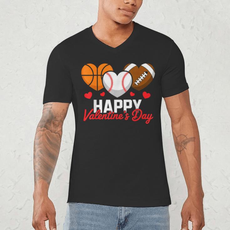 Happy Valentine’s Day Basketball Football Baseball Hearts Men's V-Neck T-Shirt