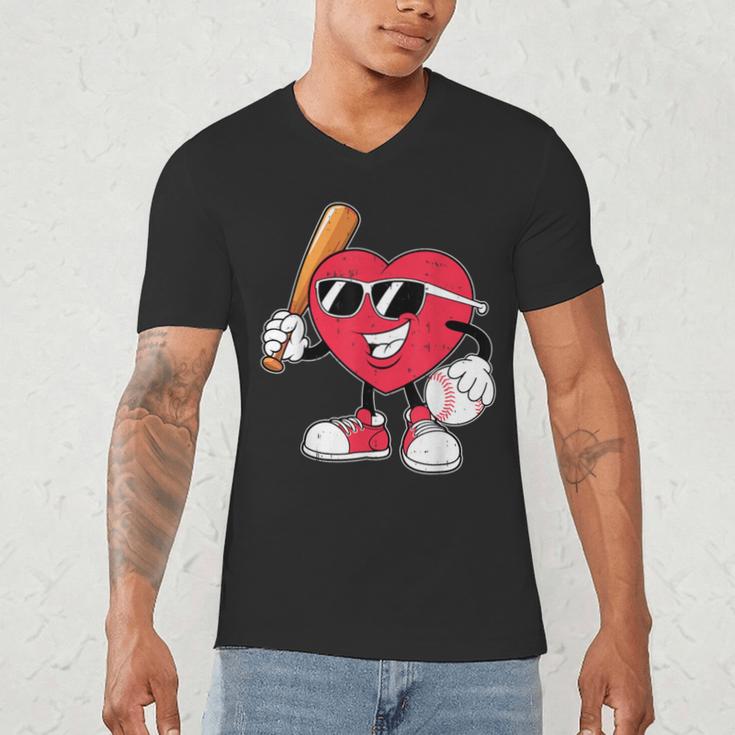 Heart Play Baseball Valentine's Day Teens Boys Girls Kids Men's V-Neck T-Shirt