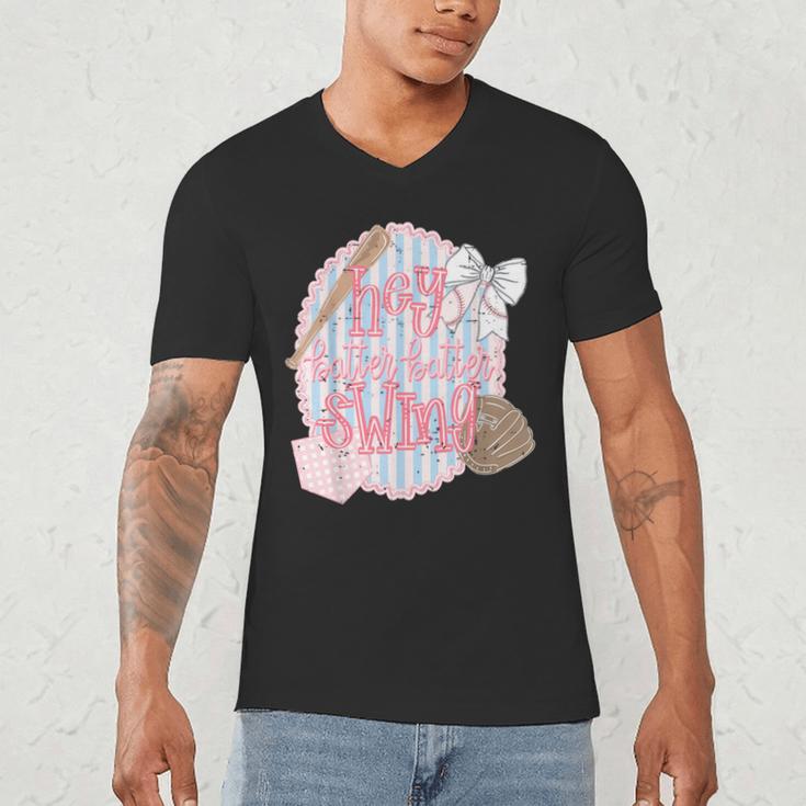 Hey Batter Batter Swing Baseball Game Day Coquette Bow Girly Men's V-Neck T-Shirt Hey Batter Batter Swing Baseball Game Day Coquette Bow Girly Men's V-Neck T-Shirt
