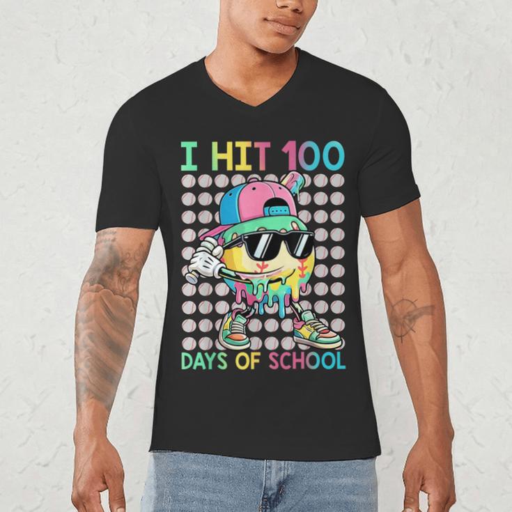 I Hit 100 Days Of School Baseball Drip 100th Day Of School Men's V-Neck T-Shirt I Hit 100 Days Of School Baseball Drip 100th Day Of School Men's V-Neck T-Shirt
