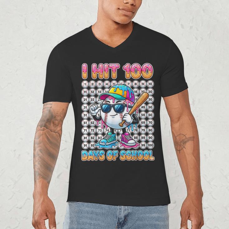 I Hit 100 Days Of School Baseball Ice Cram Drip 100th Boys Men's V-Neck T-Shirt