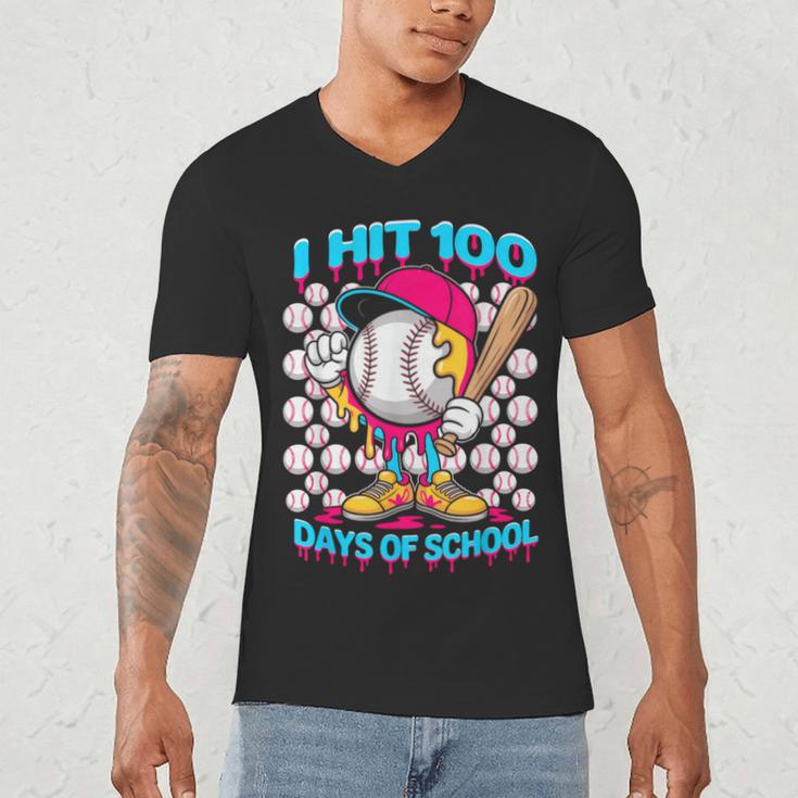 I Hit 100 Days Of School Baseball Ice Cream Drip Men's V-Neck T-Shirt I Hit 100 Days Of School Baseball Ice Cream Drip Men's V-Neck T-Shirt
