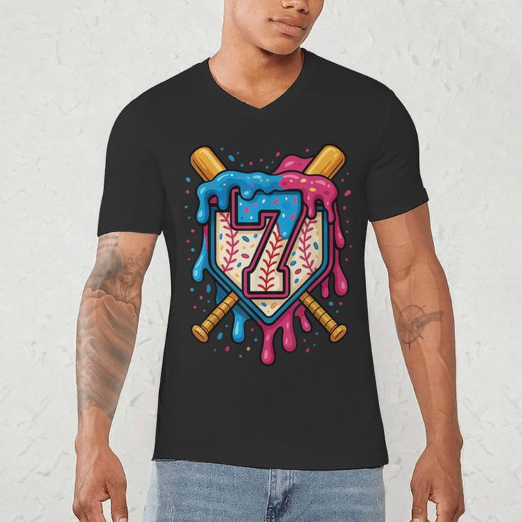HUGvyn 7th Birthday Baseball Ice Cream Drip Number 7 Kid Boy Men's V-Neck T-Shirt HUGvyn 7th Birthday Baseball Ice Cream Drip Number 7 Kid Boy Men's V-Neck T-Shirt